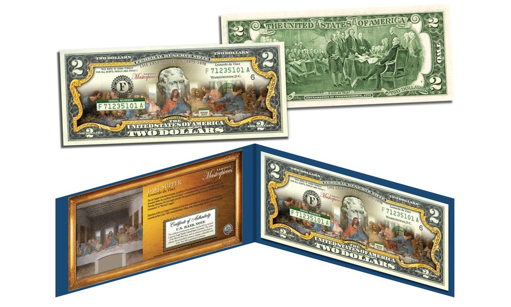 Last Supper Masterpiece by Leonardo Da Vinci Genuine U.S. Two-Dollar Bill-Easter