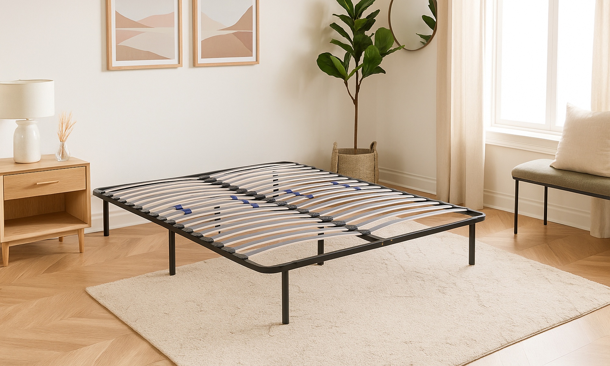 Sommier en métal à lattes réglables avec pieds, matelas en option