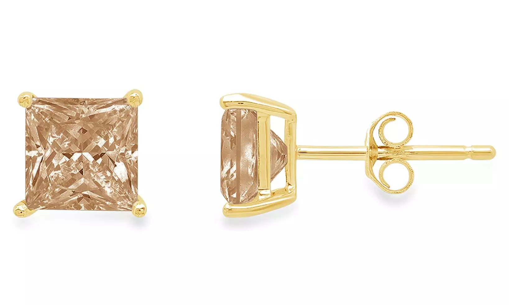 10k Yellow Gold Plated 2Ct Princess Created Champagne Stud Earrings