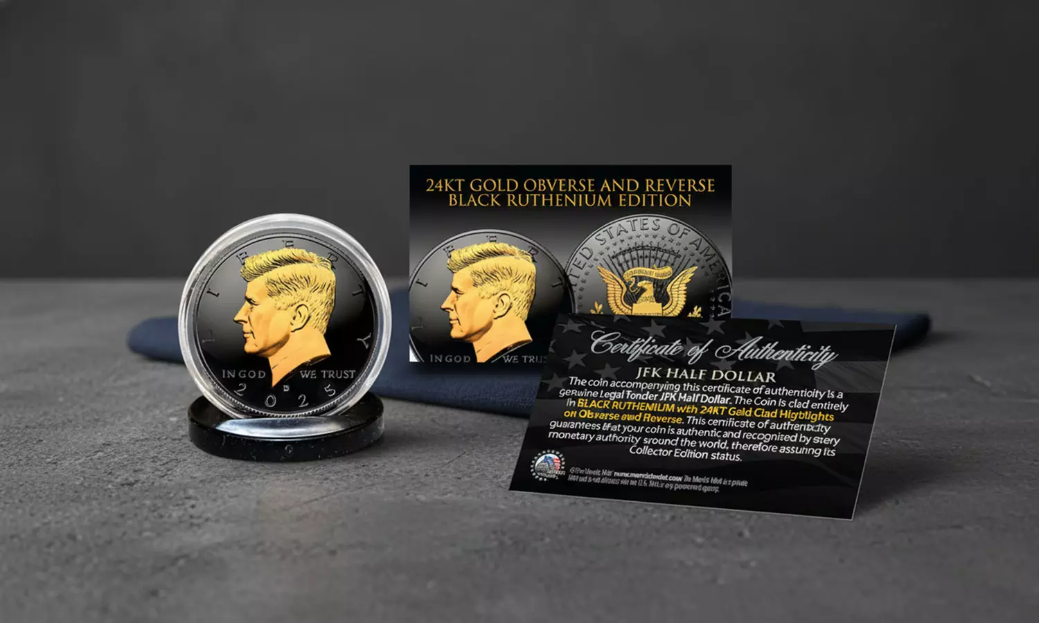 2025 Black RUTHENIUM JFK Half Dollar Coin with 24K Gold - Choice of P or D Mint - Primary Image