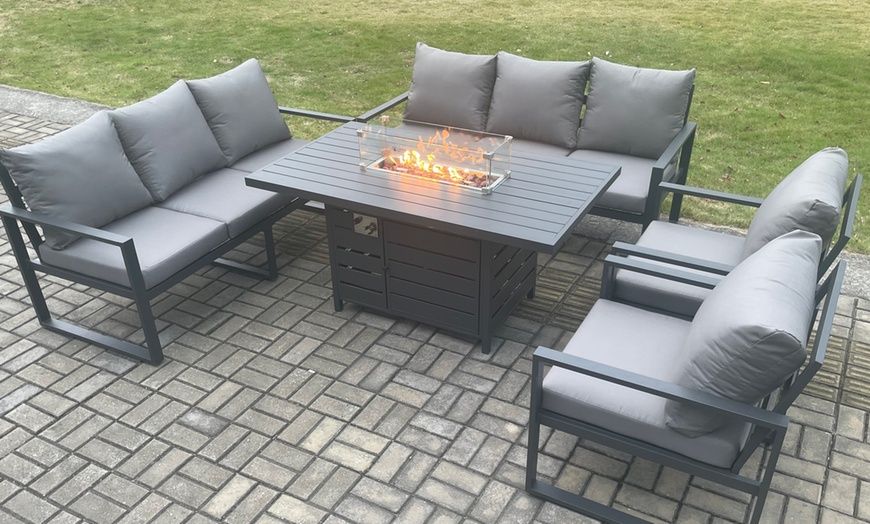 Image 1: Aluminium 5 Piece Garden Sofa Set with 8 Seater Cushion Gas Fire Pit