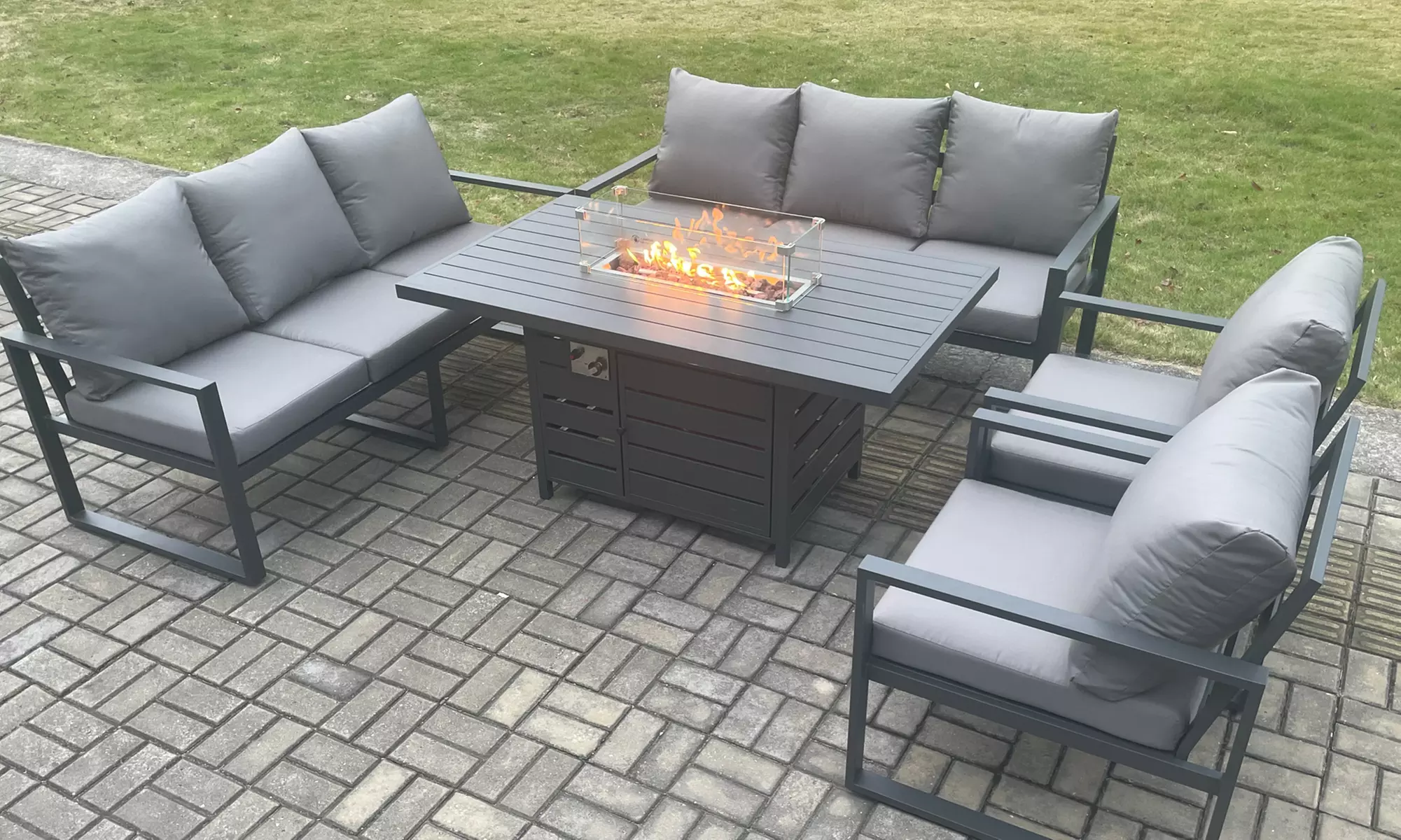 Aluminium 5 Piece Garden Sofa Set with 8 Seater Cushion Gas Fire Pit - Primary Image