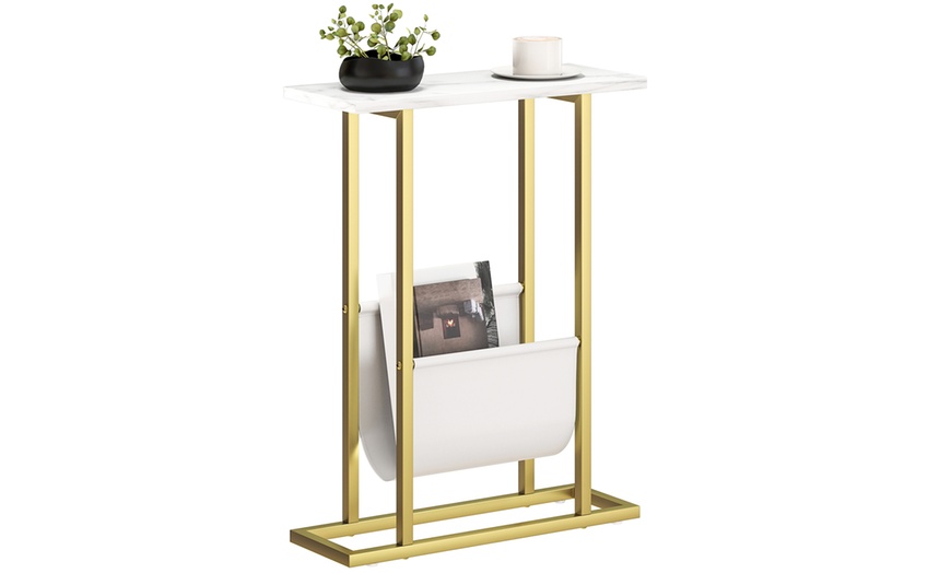 Image 2: HomCom Narrow Side Table, Chic White Marble-Effect Design