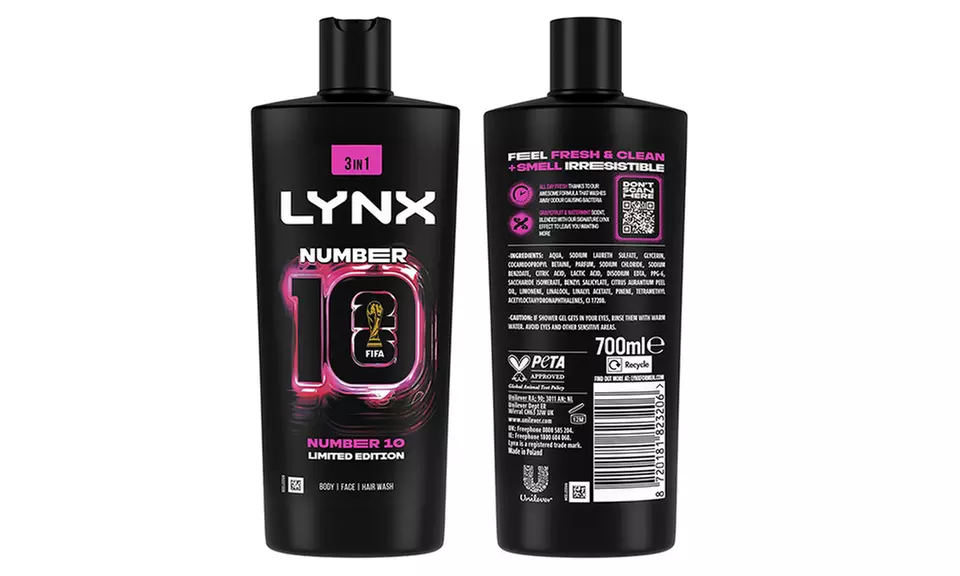 Six Packs of Lynx FIFA No10 3in1 Body Wash Shower Gel