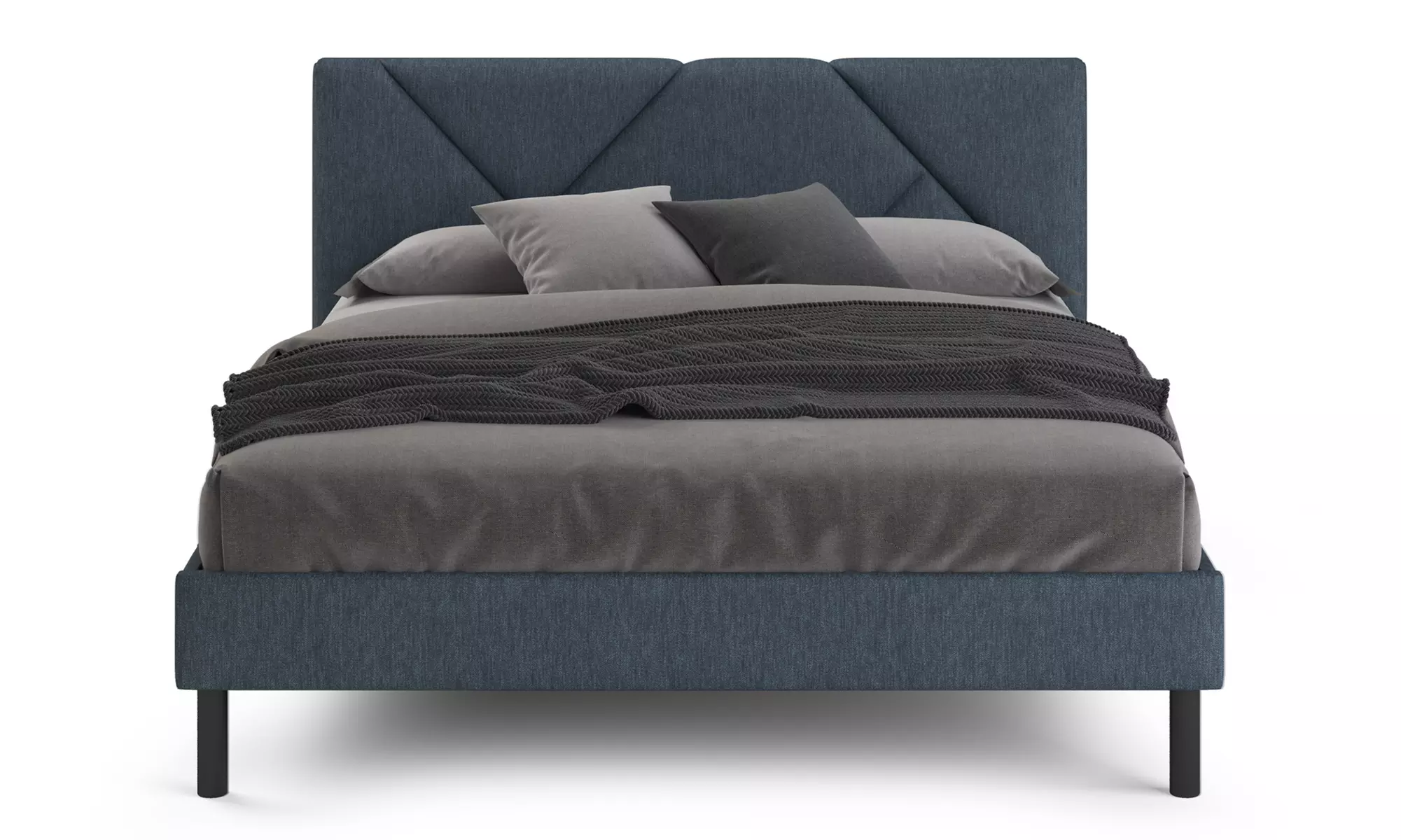 Letto imbottito in tessuto con doghe in legno e vano contenitore