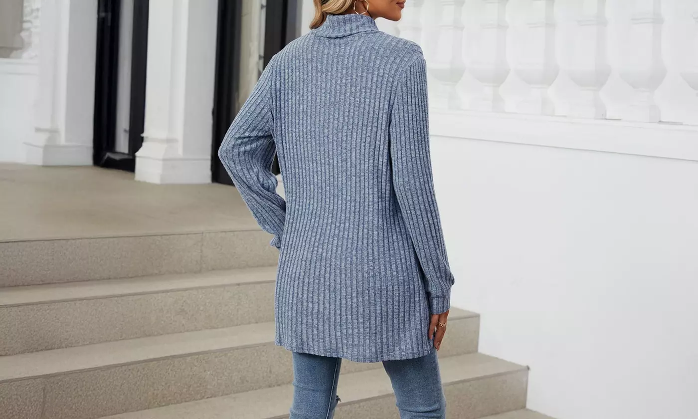 Womens Lightweight Turtleneck Long Sleeve Knit Tunic Top with Pockets