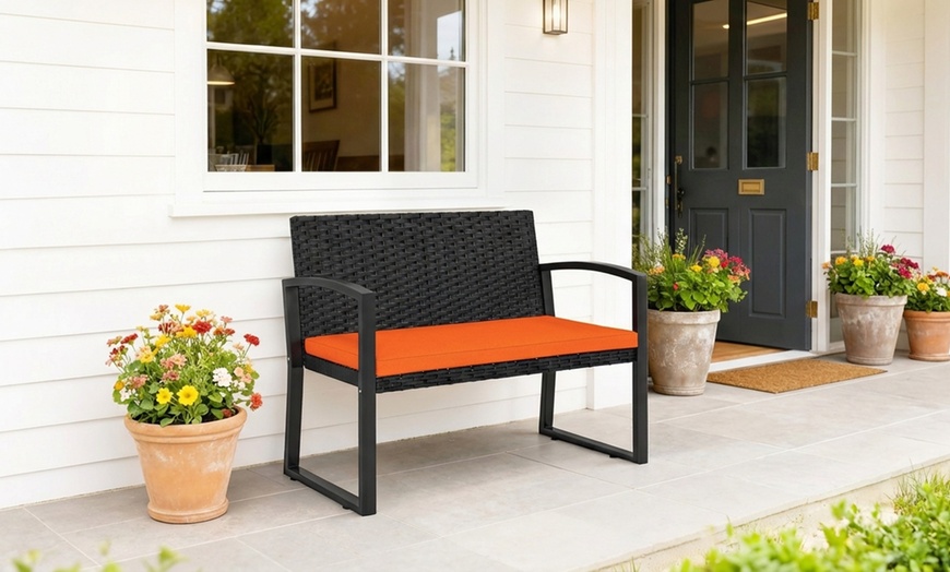 Image 3: Outsunny 2-Seater Rattan-Effect Garden Bench with Cushioned Seat