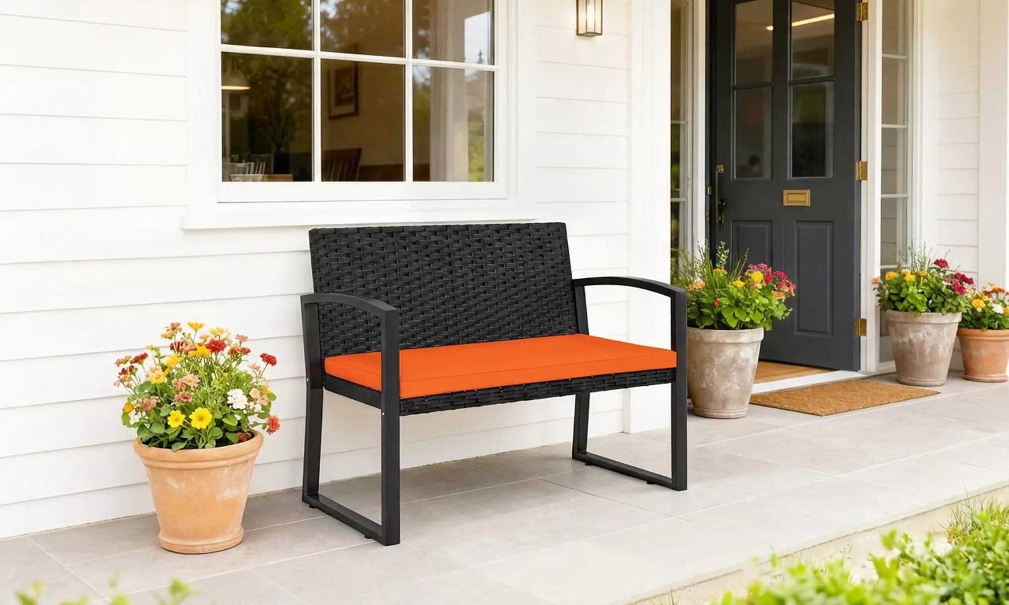 Outsunny 2-Seater Rattan-Effect Garden Bench with Cushioned Seat