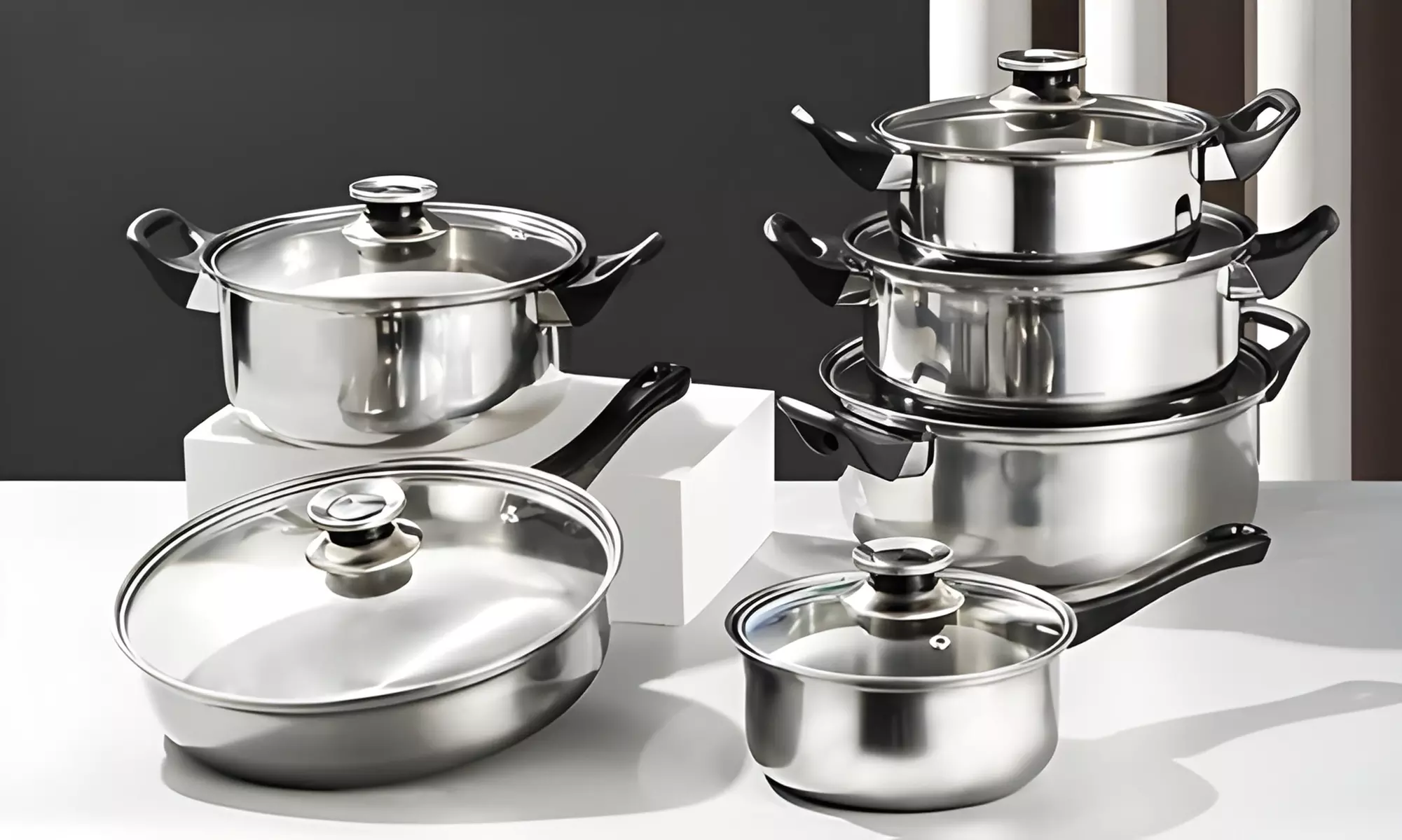 Set de 12 pièces en acier inoxydable avec couvercles en verre - Primary Image