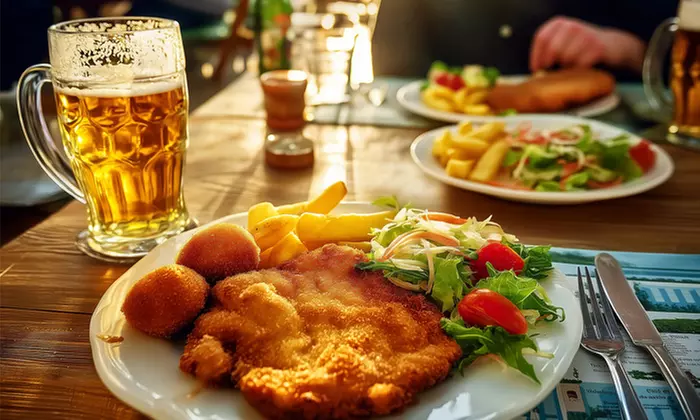 Schnitzel oder Steak überbacken + Bier od. alkoholfreiem Getränk 0,5l