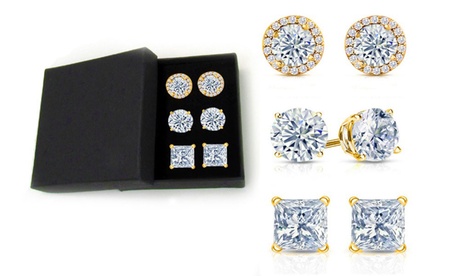 7.00 CTTW 3 Pairs Earrings Set in Gift Box W Crystals From Swarovski Gold Crystal Sterling Silver
