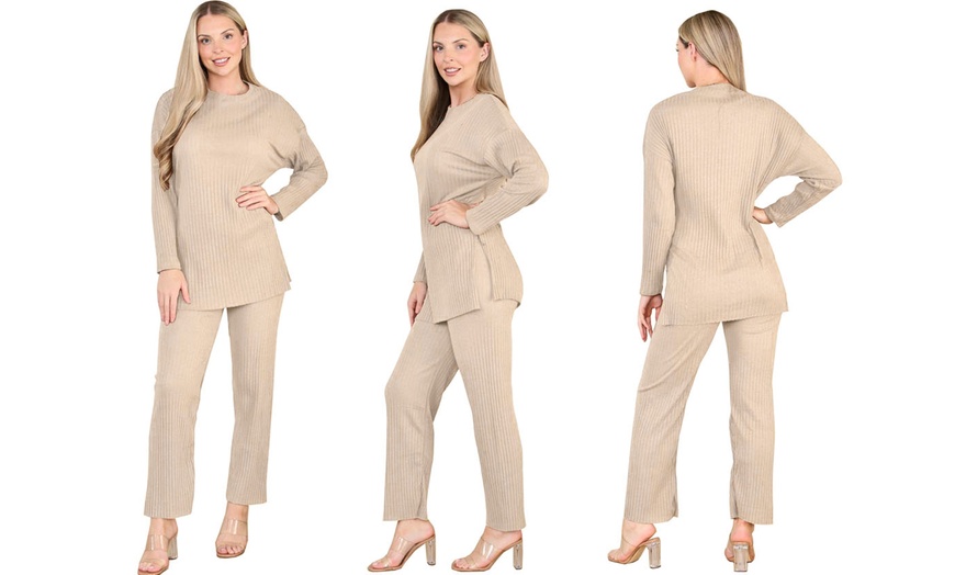 Image 6: Want Clothing Ribbed 2-Piece Wide Leg Loungewear Suit