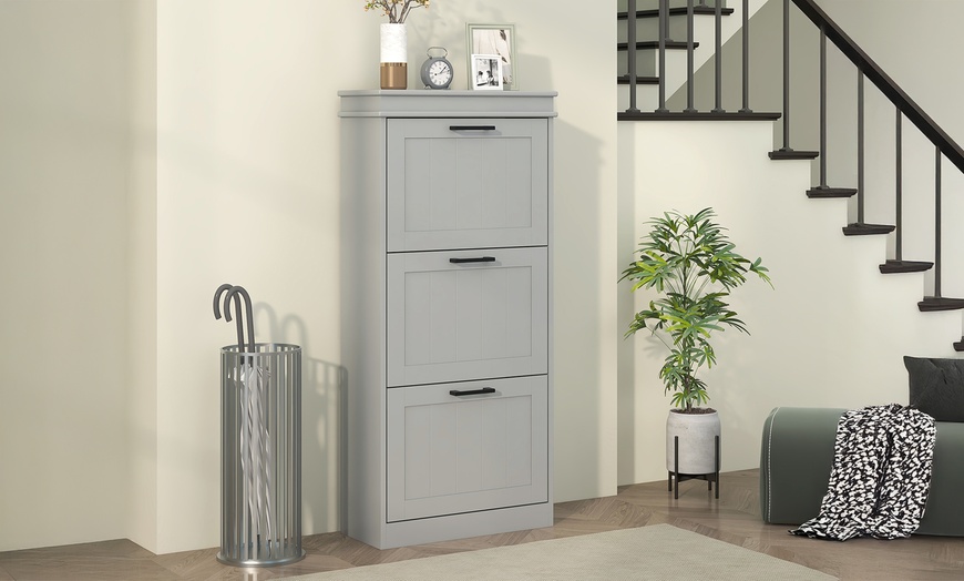 Image 4: HomCom Narrow 3-Tier Grey Shoe Cabinet with Flip Drawers