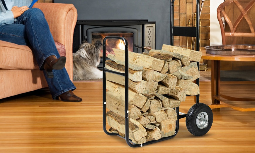 Image 1: Firewood Carrier Log Wood Mover Hauler Fire Rack Caddy Cart Dolly Rolling