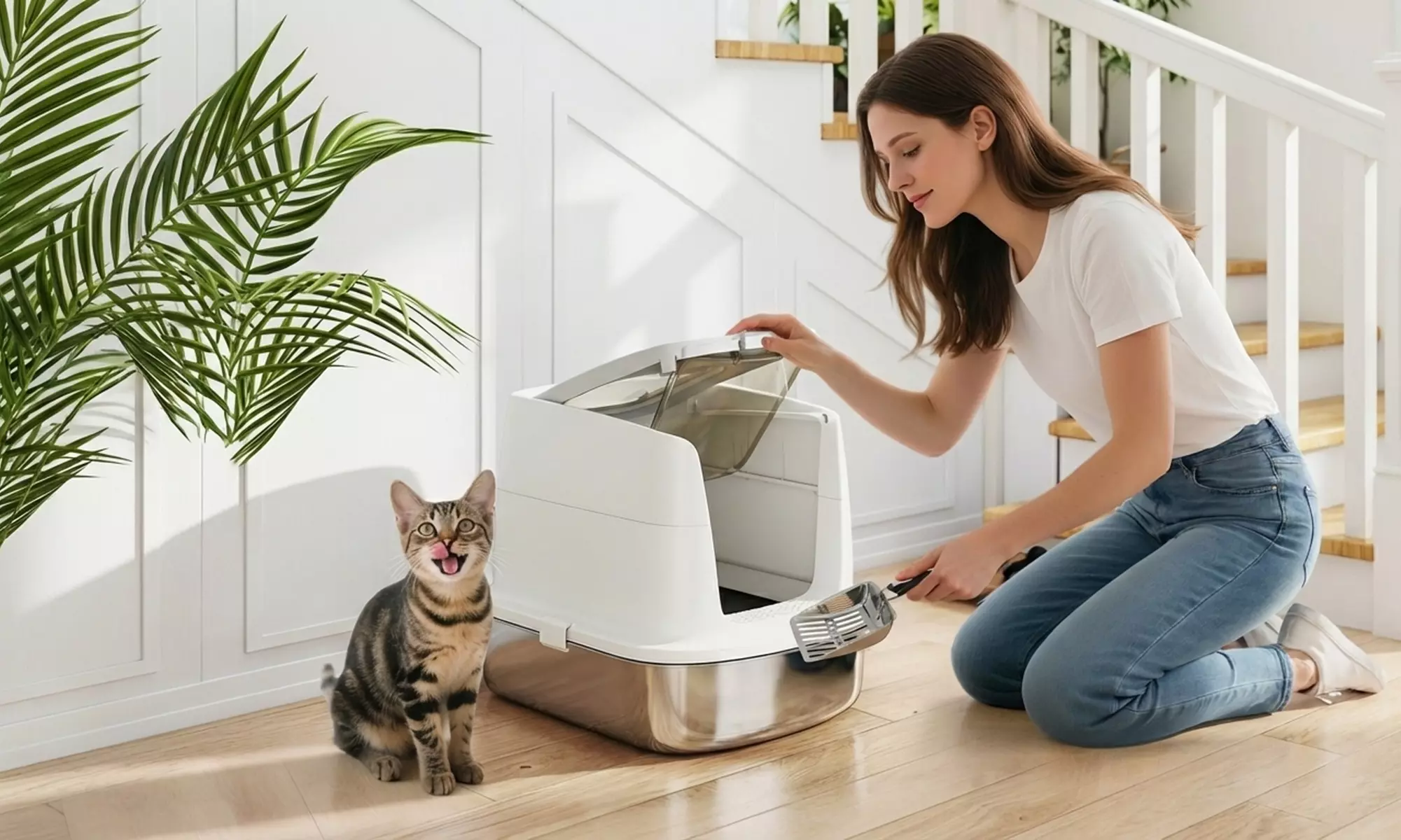 PawHut Stainless Steel Cat Litter Box with Top Exit and Scoop