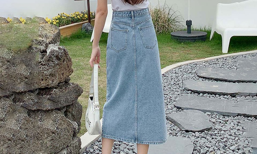 Image 5: High Waist Ankle-Length Denim Skirt