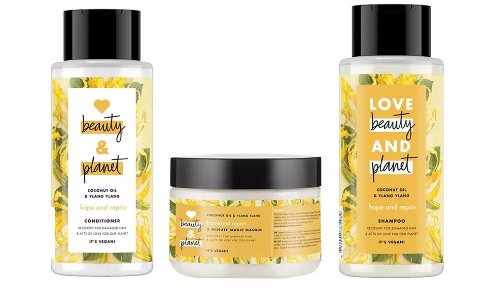 Set de shampoing, après-shampoing et masque Love Beauty Planet à l'huile de coco et ylang-ylang - Primary Image