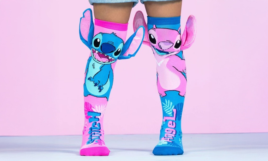 Image 1: Two Packs of Stitch-Inspired Funky Socks in Blue and Pink Design