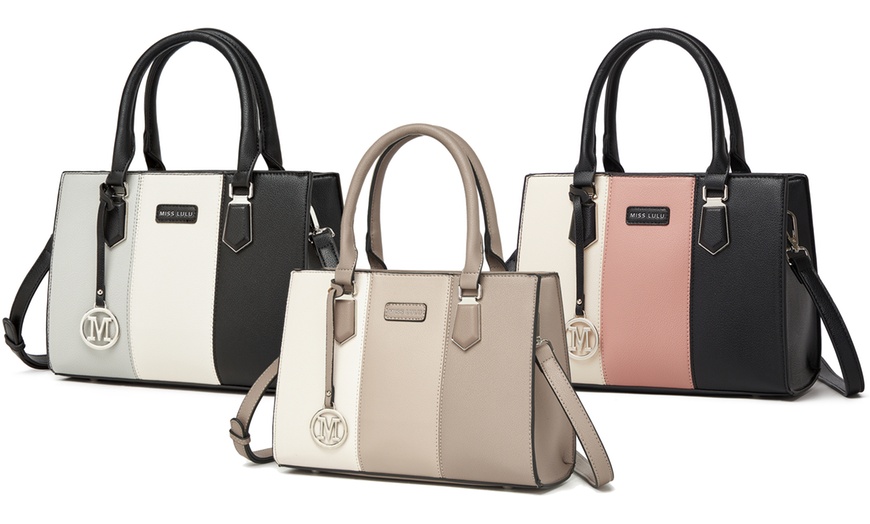 Image 1: Miss Lulu PU Leather Three-Tone Stitched Shoulder Handbag