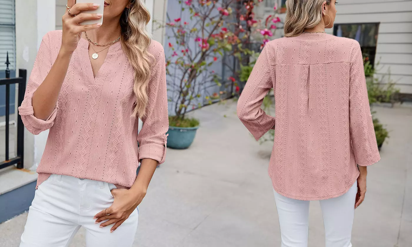Women Dressy V Neck Ruffle 3/4 Sleeve Trendy Eyelet Blouses Loose Fit Tunic
