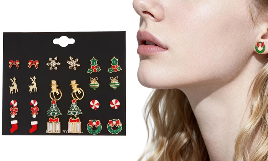 Image 2: 12 Pairs of Christmas-Themed Stud Earrings Set