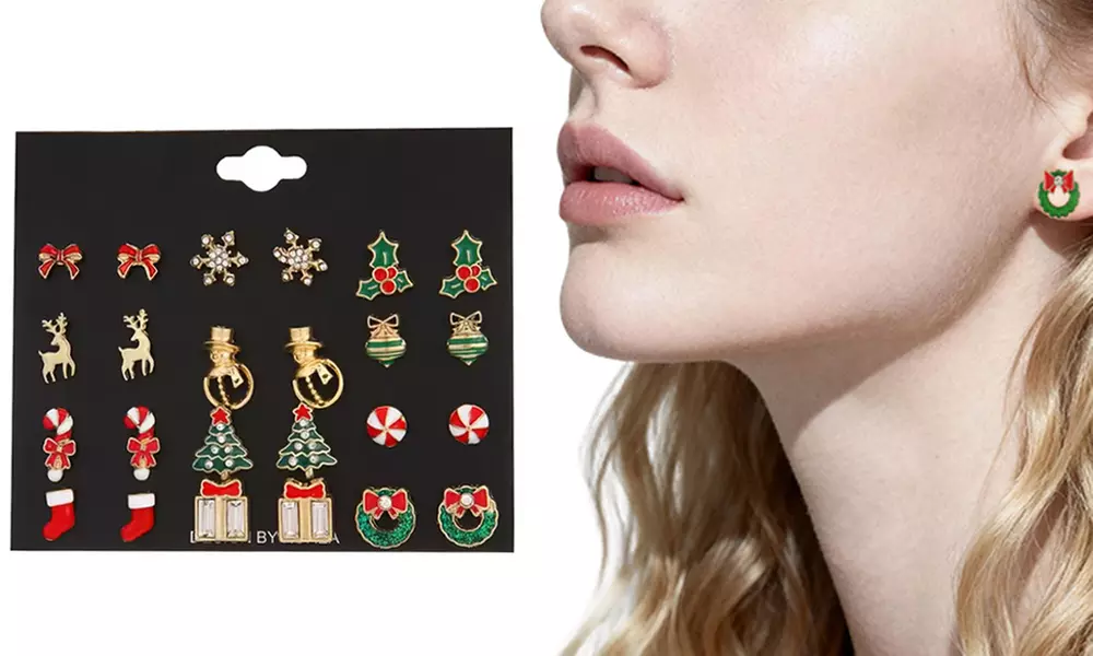 12 Pairs of Christmas-Themed Stud Earrings Set