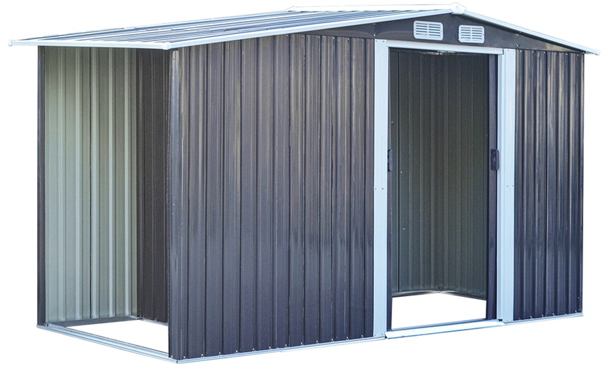 Image 3: Outdoor Black Garden Metal Storage Shed with Log Storage