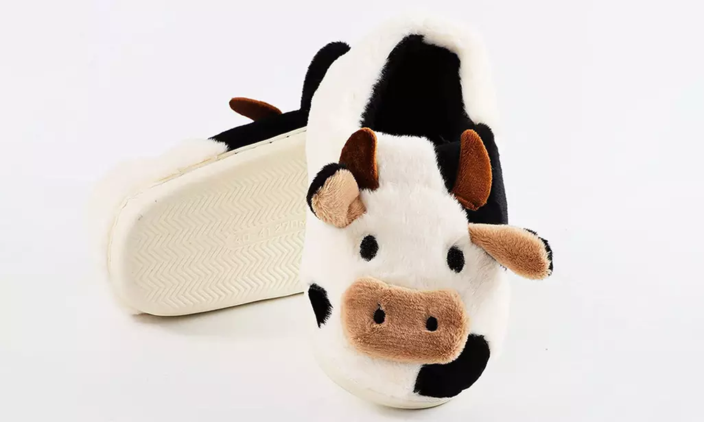 Winter Warm Cozy Fuzzy Plush Cartoon Cotton Cute Cow Indoor Outdoor Slippers