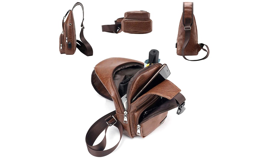 Image 8: Men Women Sling Chest Bag Leather Shoulder Cross-body Pack With USB Port