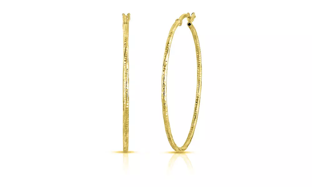 9.99 Sterling Silver 40mm Diamond Cut French Lock Hoop in Gold or Rose Gold