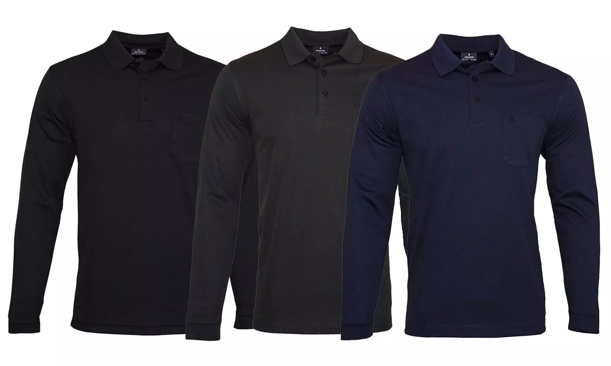 Ragman Langarm-Poloshirts mit Brusttasche für die Herren in Schwarz, Anthrazit, Navy und in der Größe nach Wahl - Primary Image