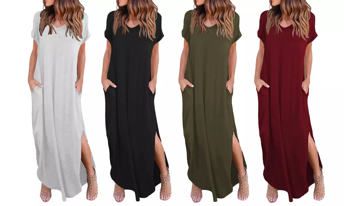 Women's Summer Maxi Dress Casual Loose Pockets Long Dress Short Sleeve Split - Primary Image