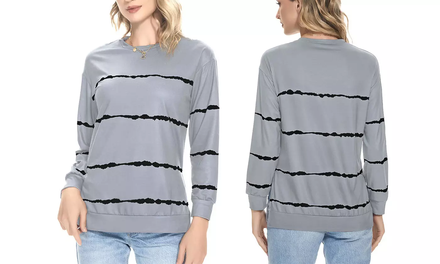 Women Long Sleeve Crewneck Casual Side Split Pullover Tops