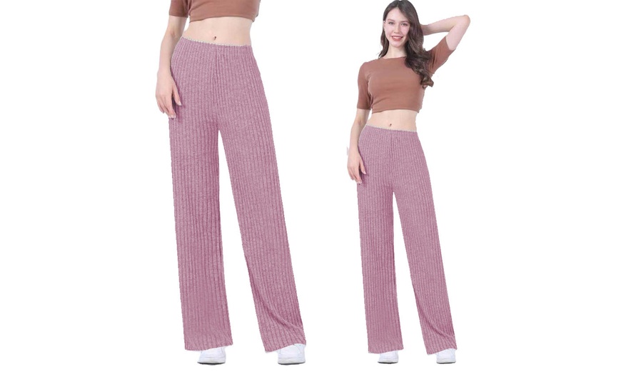 Image 16: Wide Leg Rib Knit Casual Bottoms