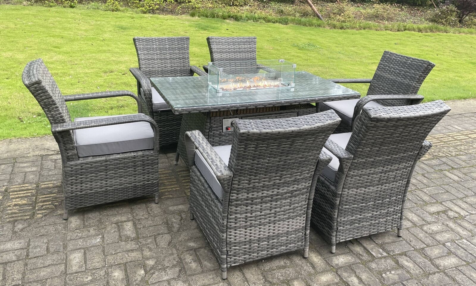 Fimous PE Rattan-Effect Garden Furniture Gas Fire Pit Dining Table Set