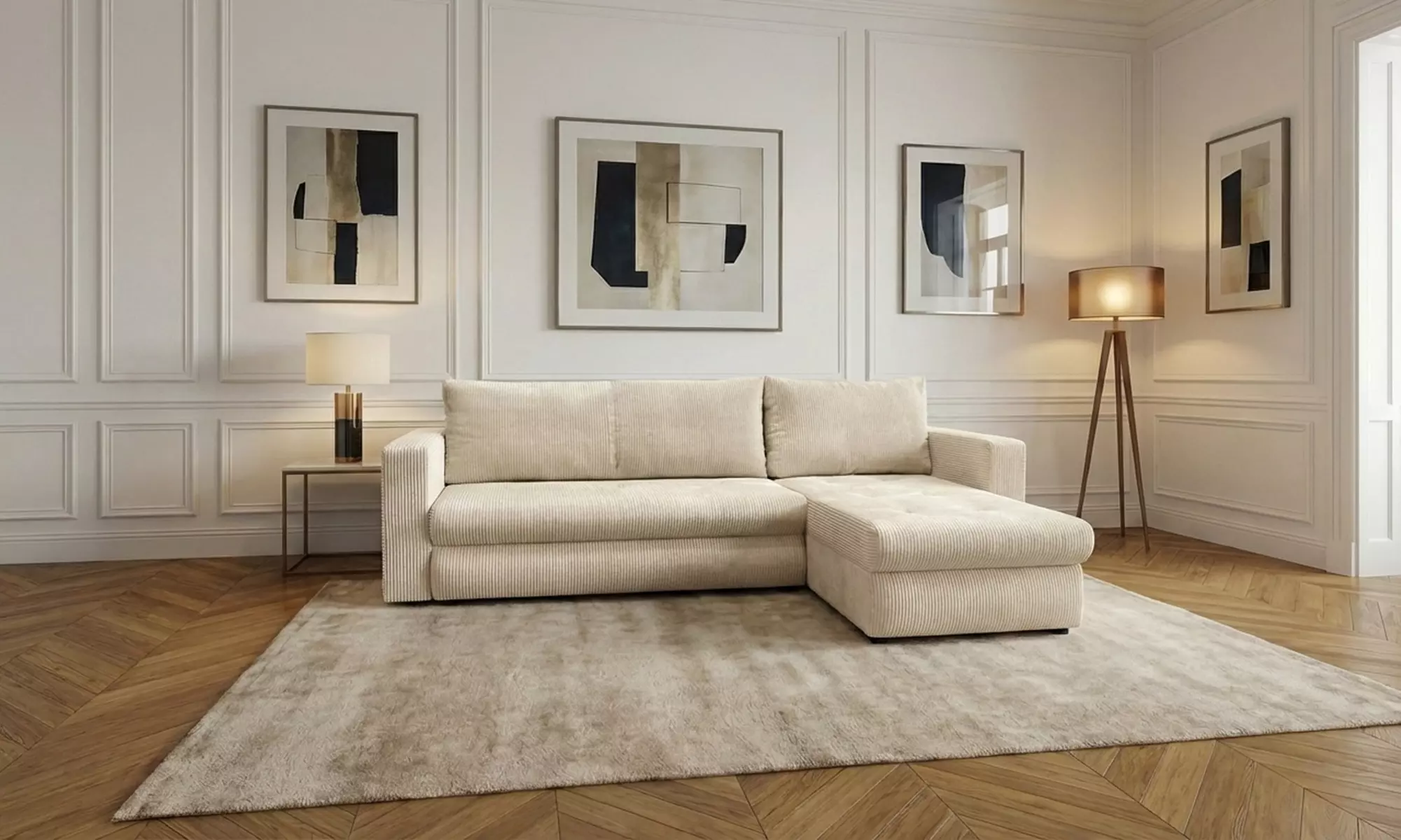 Canapé d'angle convertible "Farah" velours côtelé beige