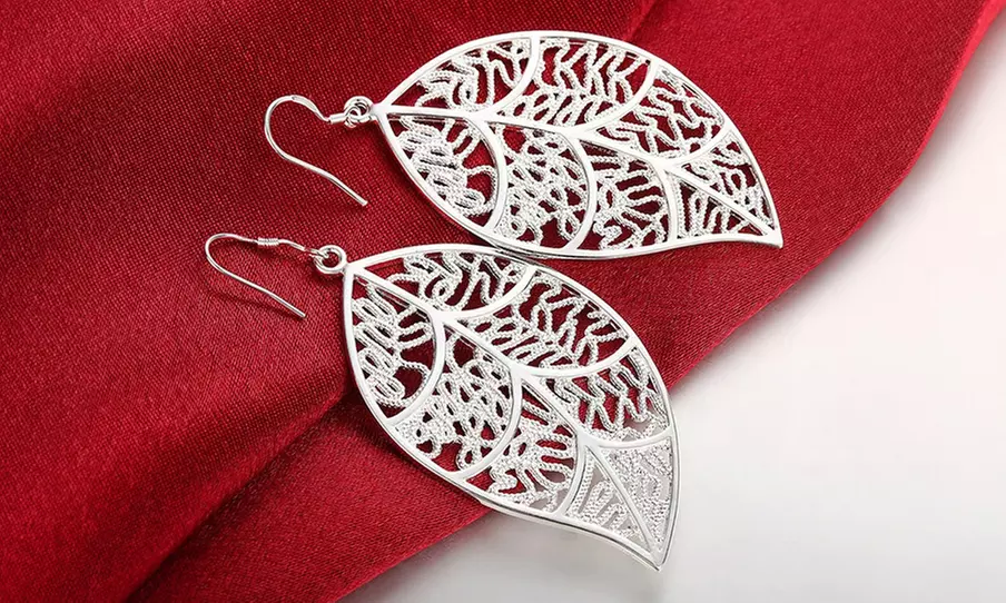  925 Sterling Silver Filigree Leaf Teardrop Dangle Drop Earrings