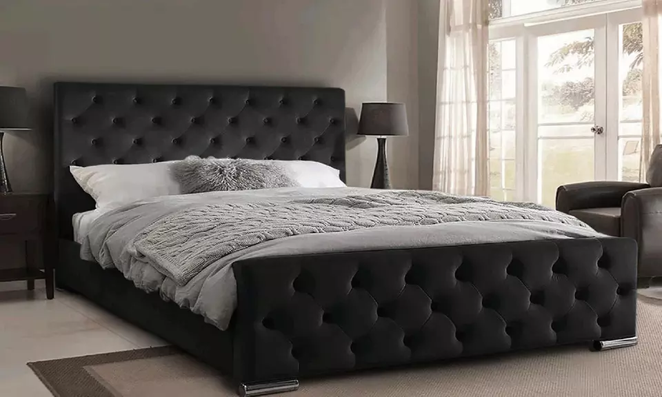 Oasis Diamante or Button Plush Bed Frame with Sprung Memory Foam Mattress