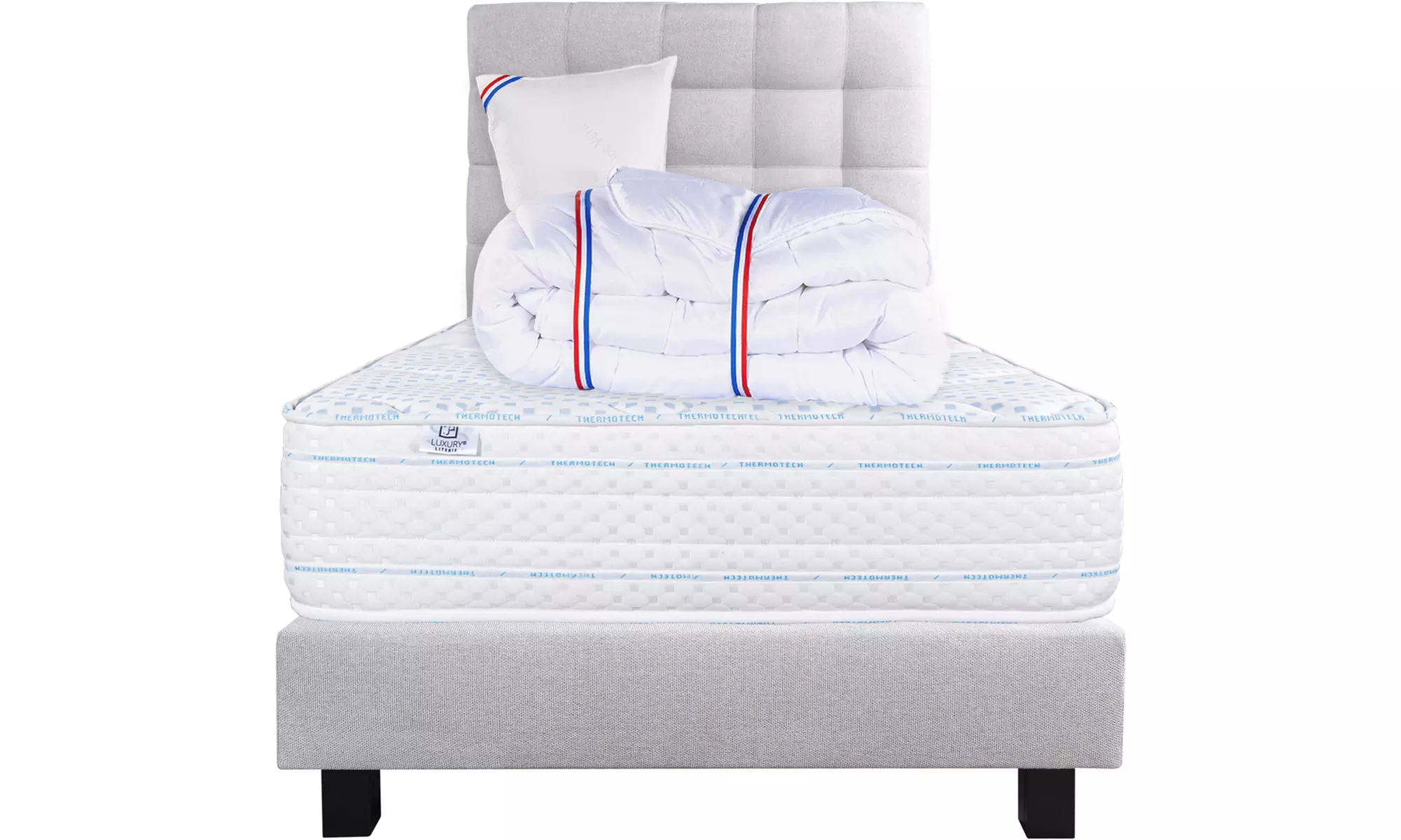Matelas 24/30 cm avec sommier, tête de lit et couette Luxury Literie