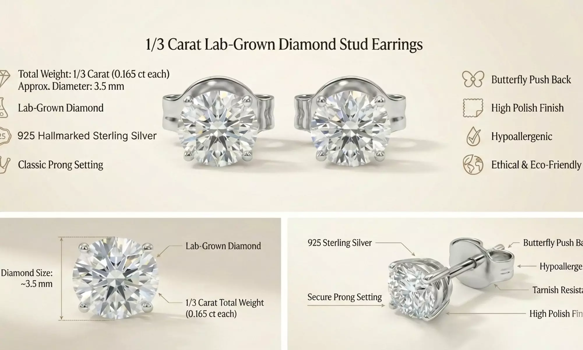 1/3 CT Lab-Grown Diamond Stud Earrings - Sourced via trusted Hatton Garden supplier