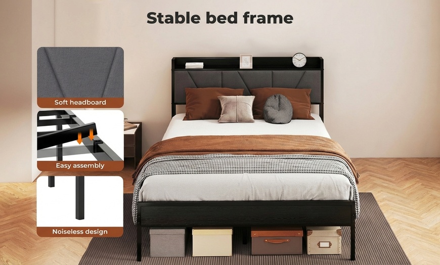 Image 2: Levede Upholstered Bed Frame with Storage Headboard and Steel Support
