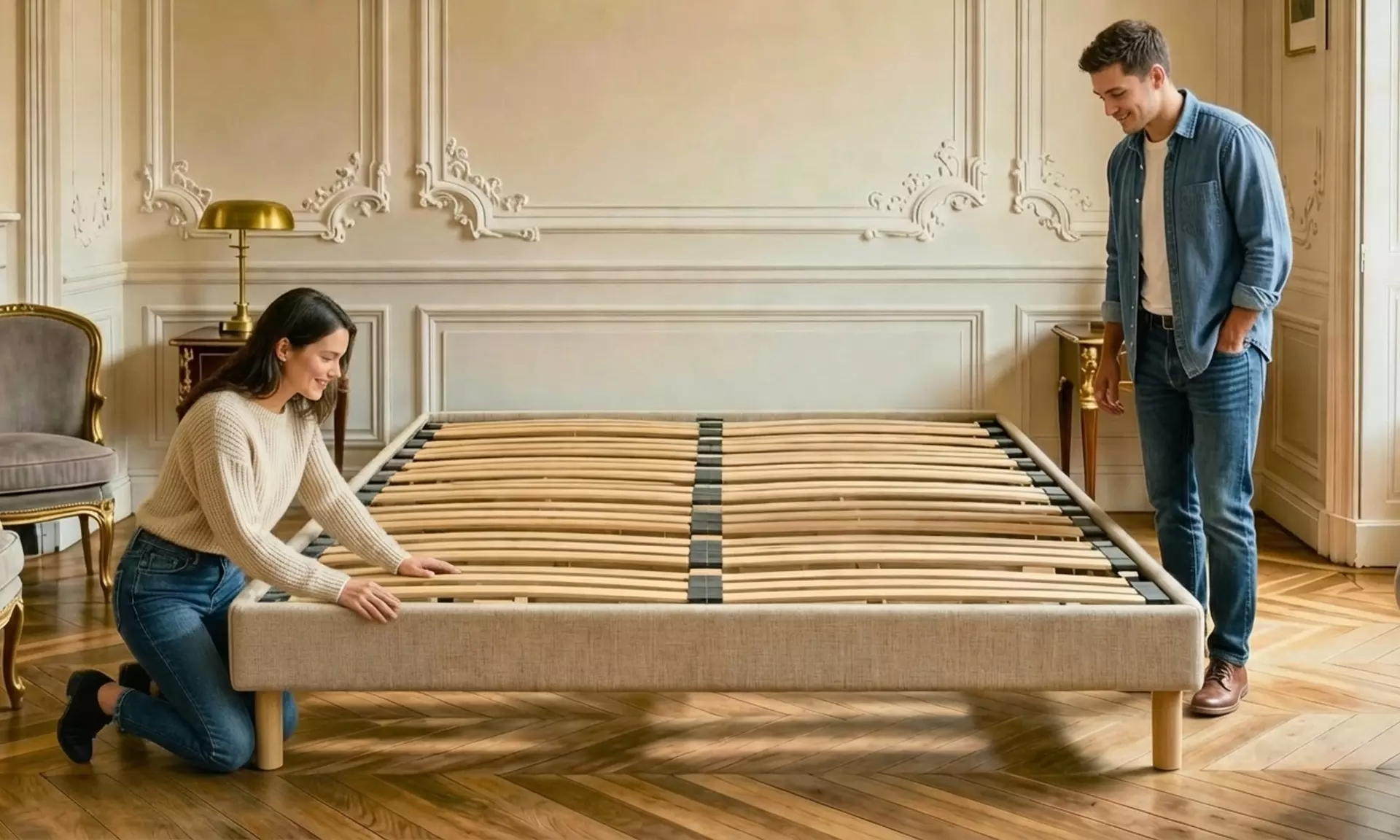 Base letto a doghe beige con doghe dinamiche