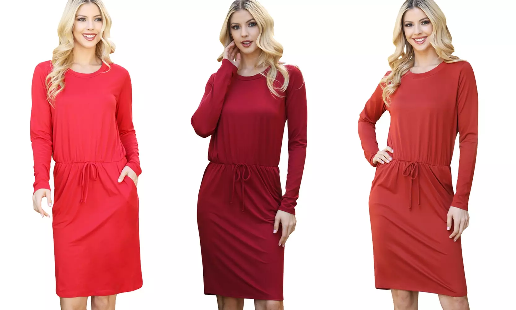 Riah Fashion Solid Long Sleeve Ribbon Elastic Waist Dress - Primary Image