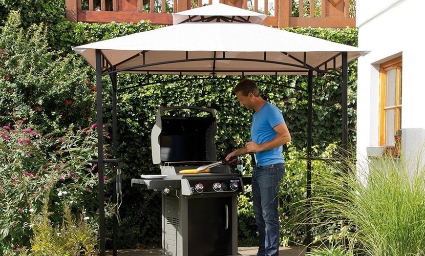 Image 4: Outdoor BBQ Pavilion Gazebo - Steel Frame with Double Roof & Side Shelves