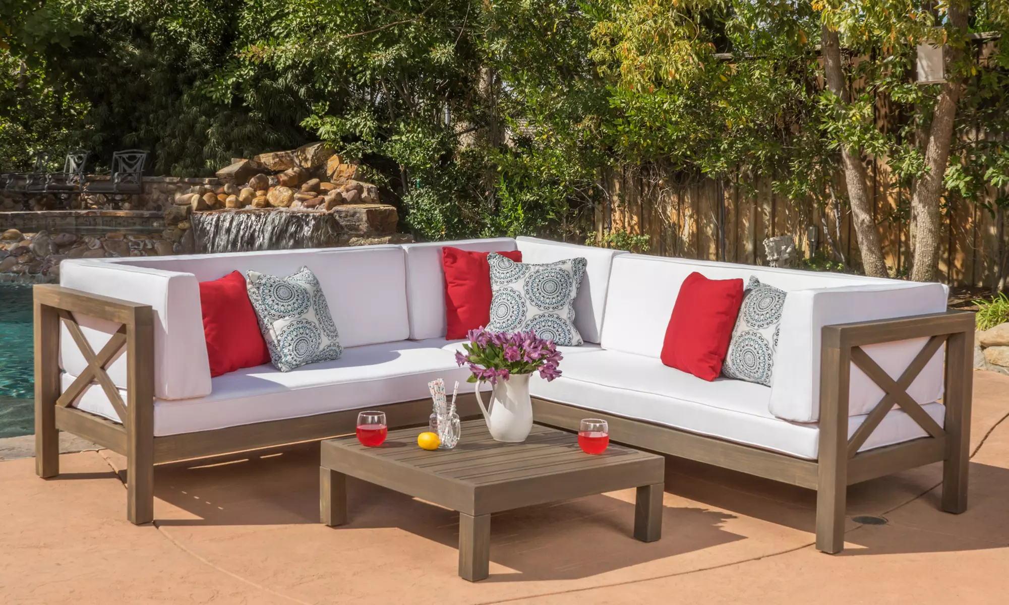 Ohana Outdoor Wooden Sectional Sofa and Table Set (4-Piece) - Primary Image