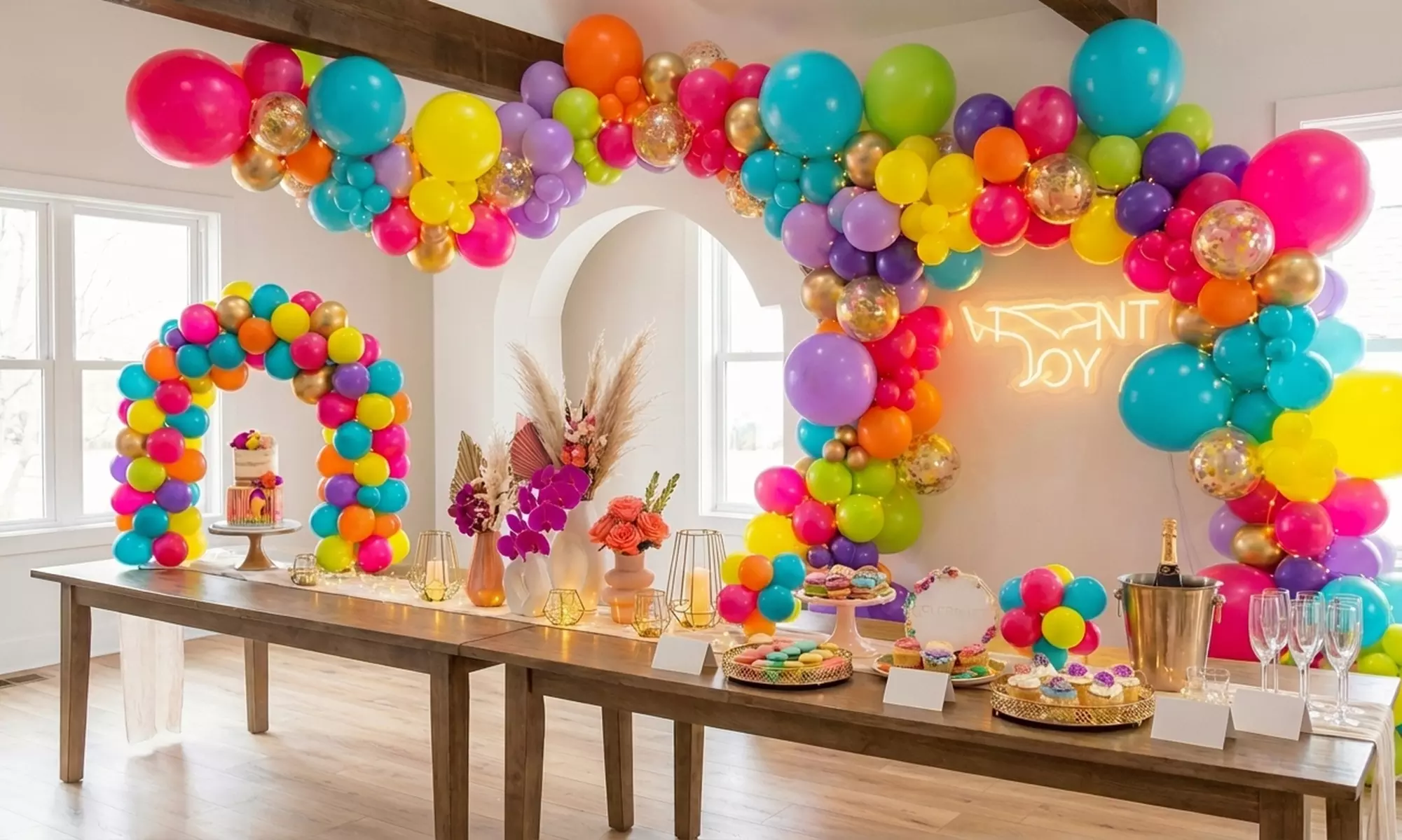 Vibrant Balloon Garlands and Tabletop Displays