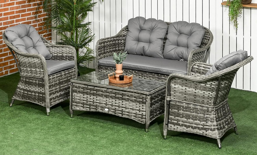 Image 1: Four-Piece Outsunny Rattan-Effect Wicker Sofa Set