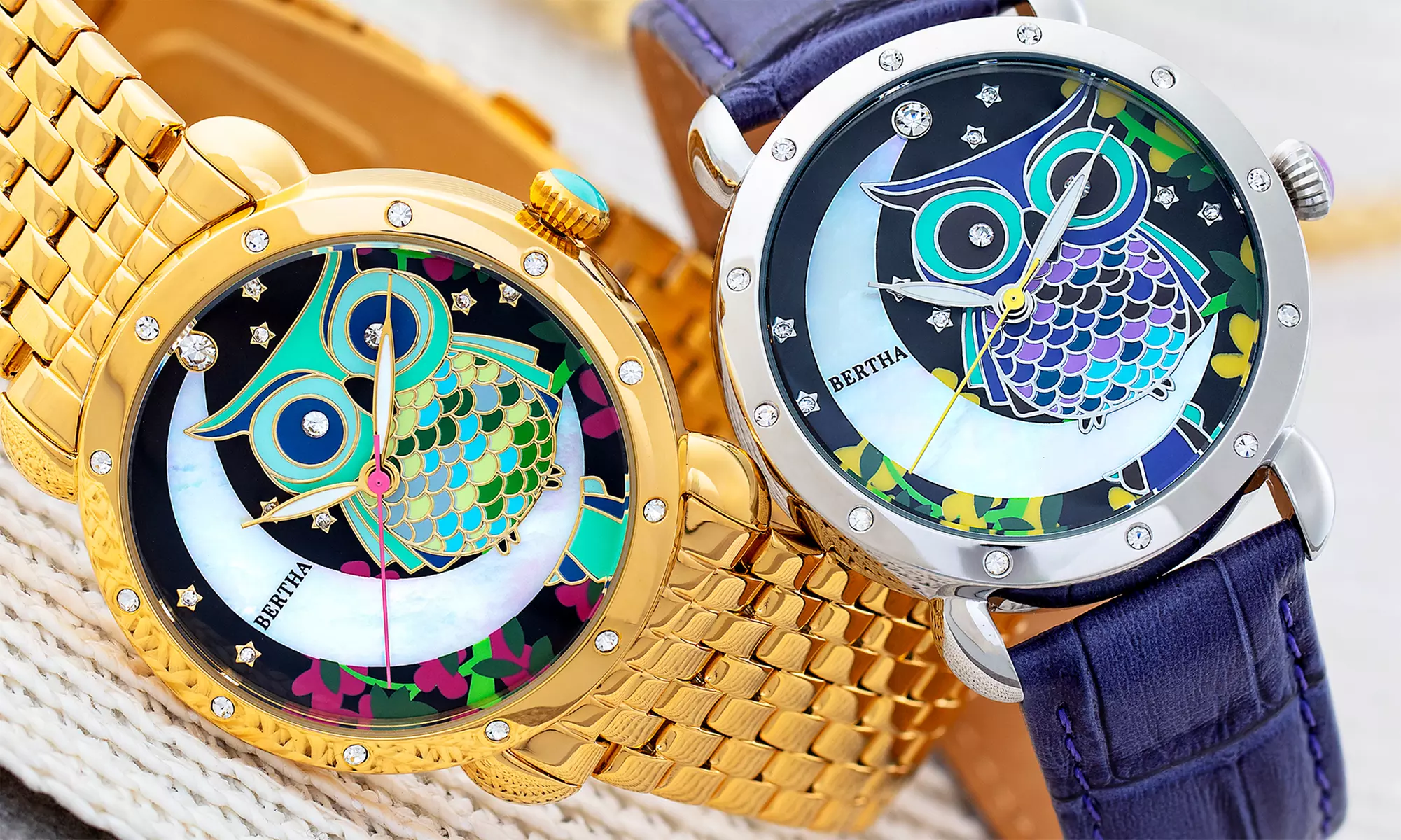 Orologio Bertha Ashley con quadrante in madreperla e gufo inciso, disponibile in vari colori - Primary Image