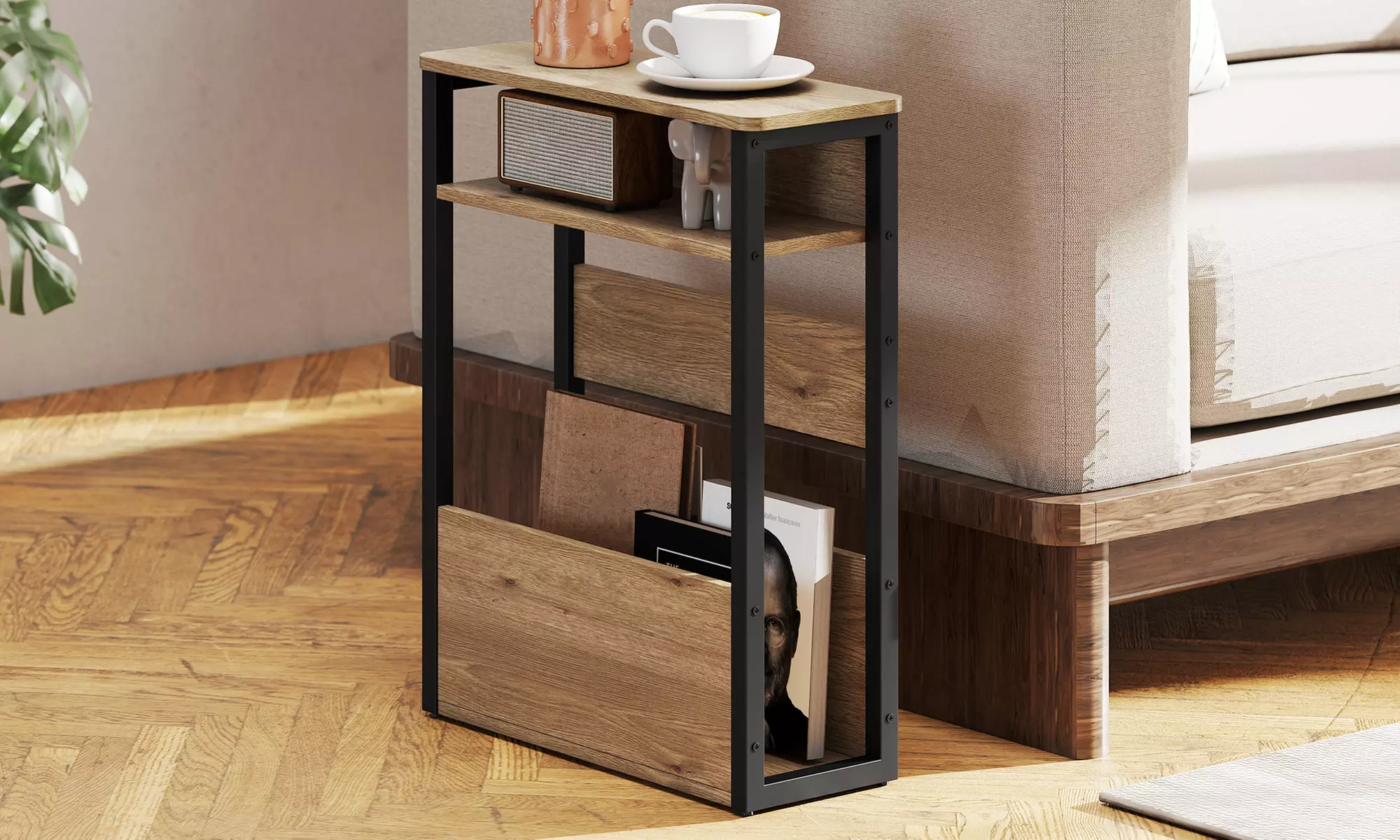 HOMCOM Industrial Style Side Table with Storage Shelves