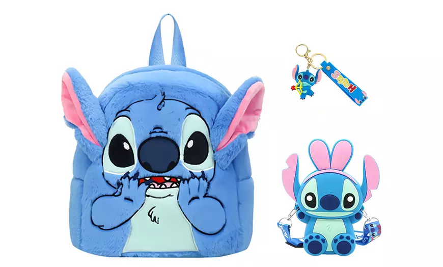 Image 1: Stitch Plush Toy Backpack Shoulder Bag Keychain Set